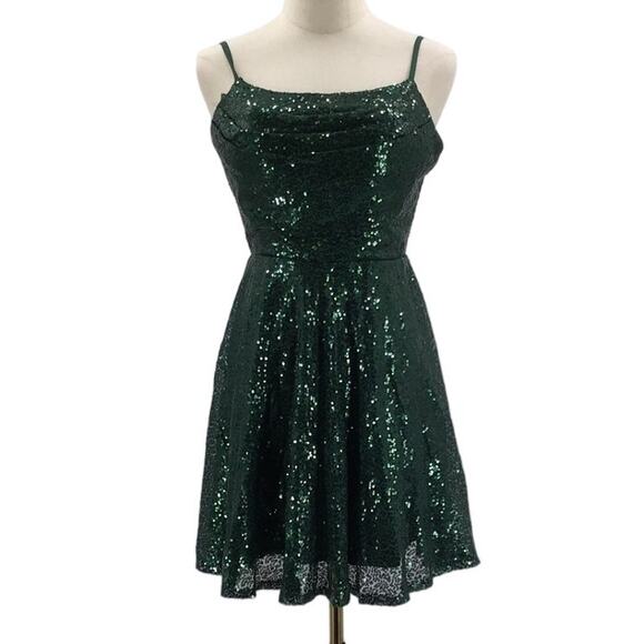 PARTY SZ 2 XS hunter green sequin backless lace up skater mini dress NEW 0B12 - Picture 1 of 8